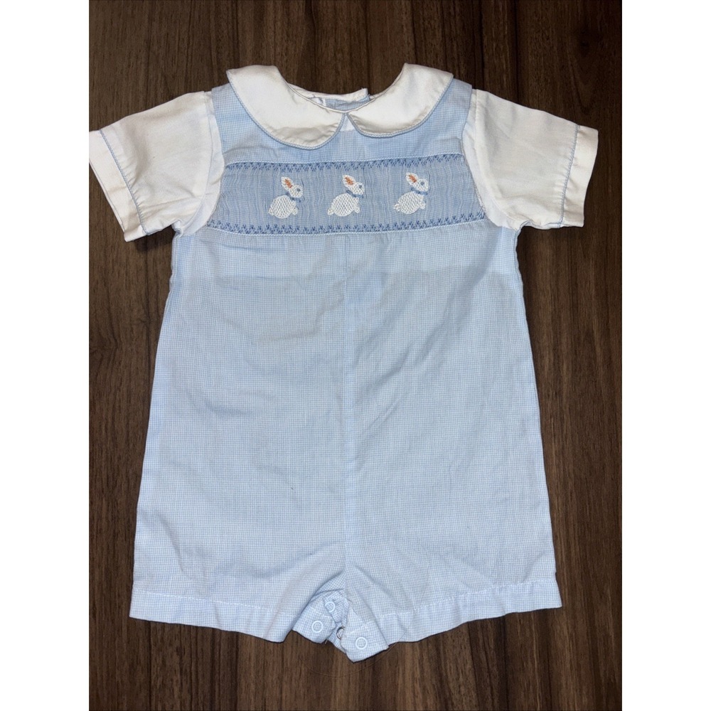 Petit Pomme By Petit Ami 3 Months Blue Bunny Smocked One Piece Shorts Suit